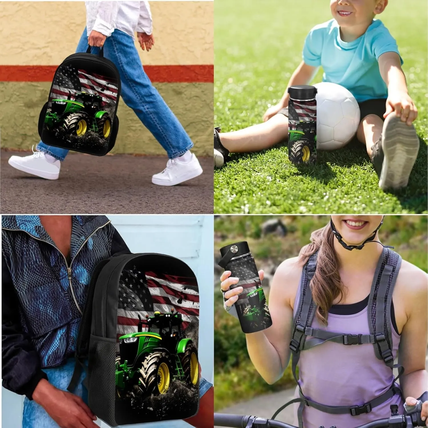 American Flag Kids Backpack 3 in 1 Set for Boys Tractor Bookbag,Black School Bag for Elementary Children Patriotic Book Bags with Lunch Box Water Bottle for Girls