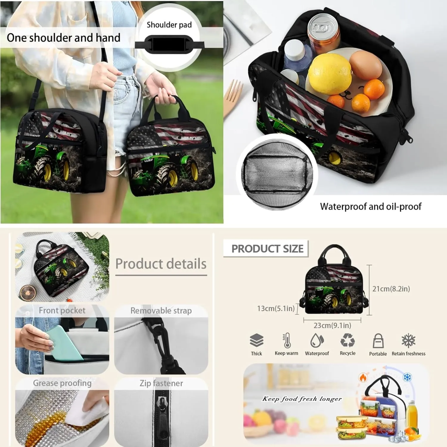 American Flag Kids Backpack 3 in 1 Set for Boys Tractor Bookbag,Black School Bag for Elementary Children Patriotic Book Bags with Lunch Box Water Bottle for Girls