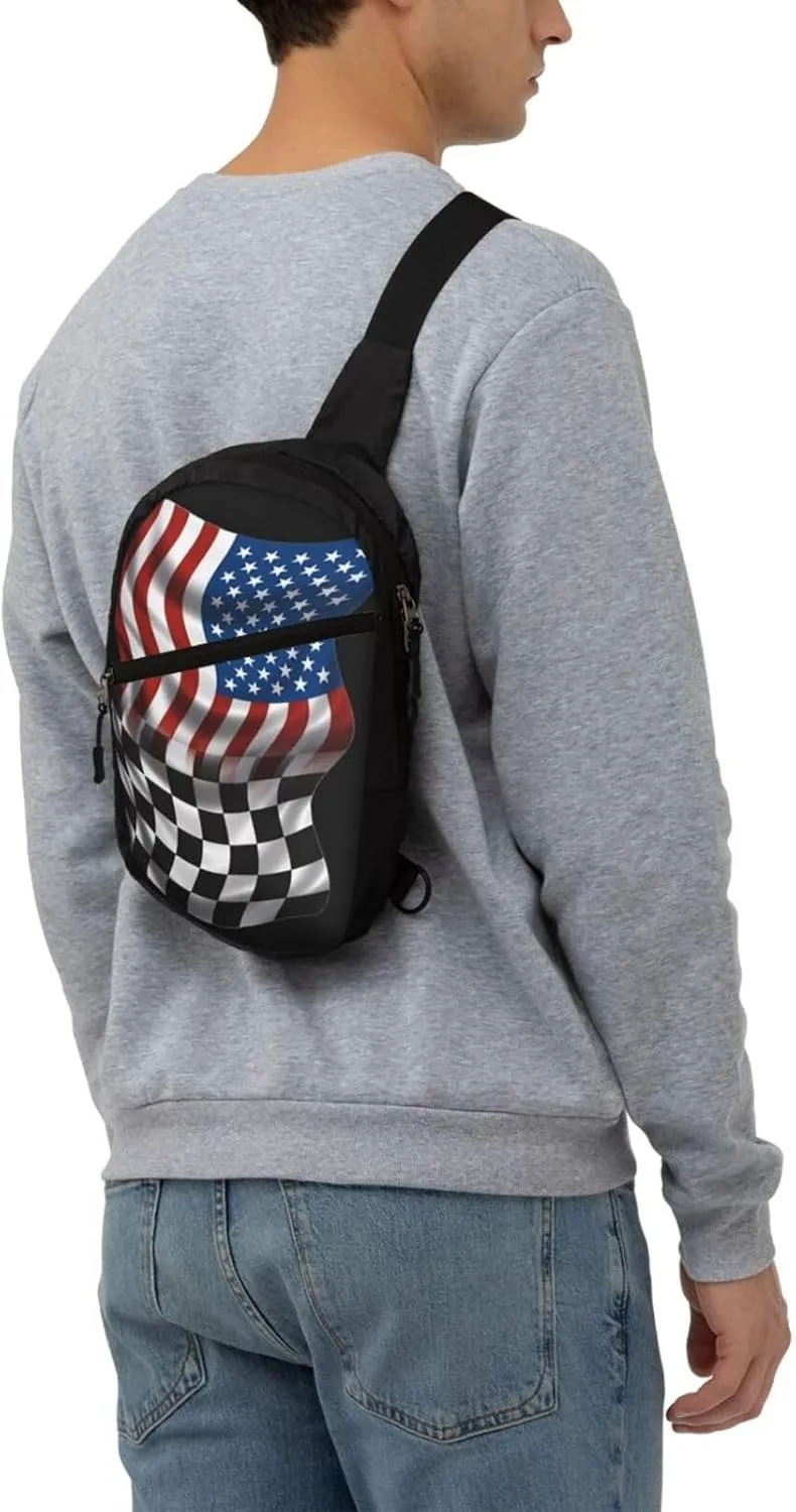American Racing Checkered Flag Portable Sling Bags Packable Crossbody Bag Foldable Sport Daypack Reusable Shoulder Backpack Diagonally Chest Bag for Workout Travel