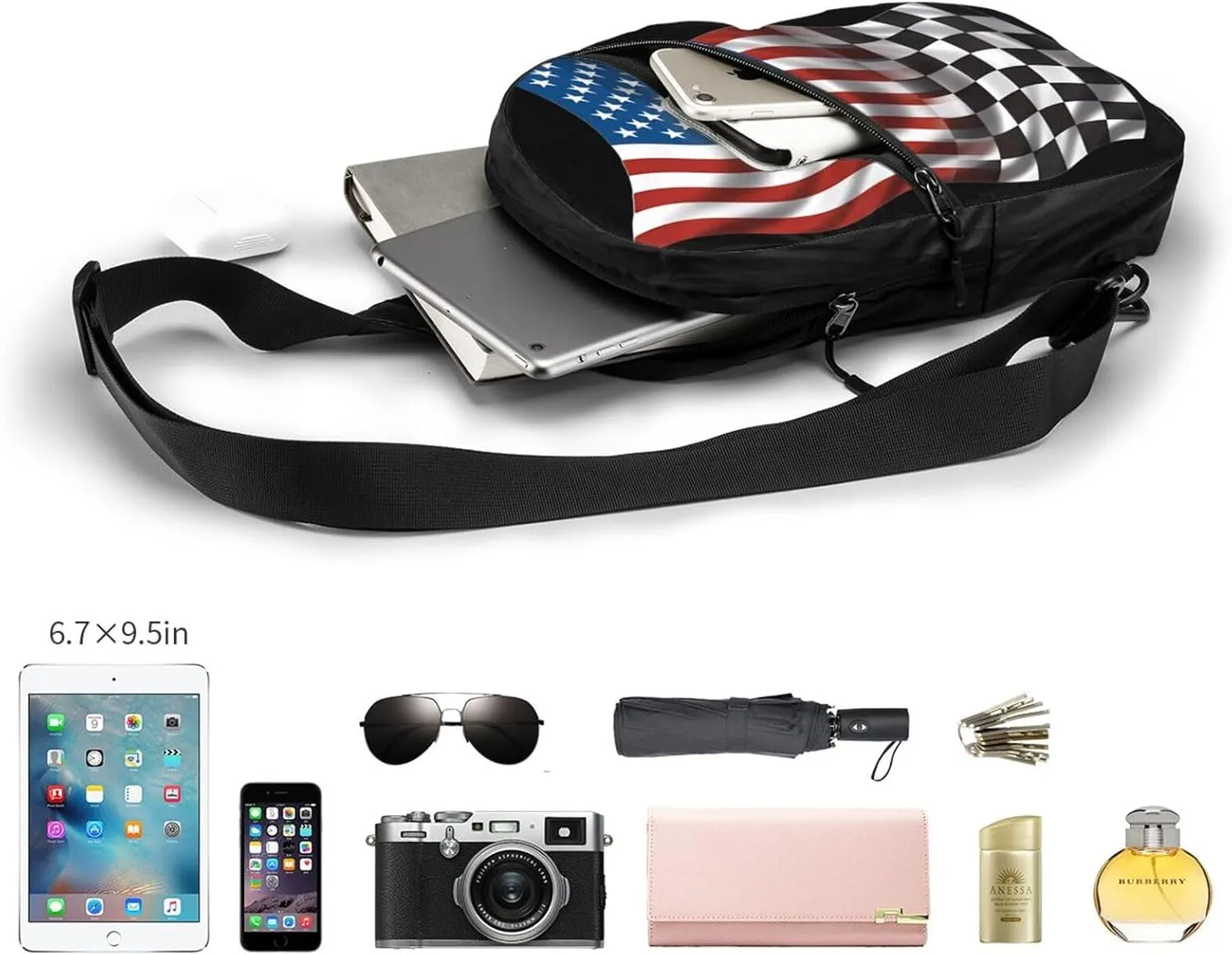 American Racing Checkered Flag Portable Sling Bags Packable Crossbody Bag Foldable Sport Daypack Reusable Shoulder Backpack Diagonally Chest Bag for Workout Travel