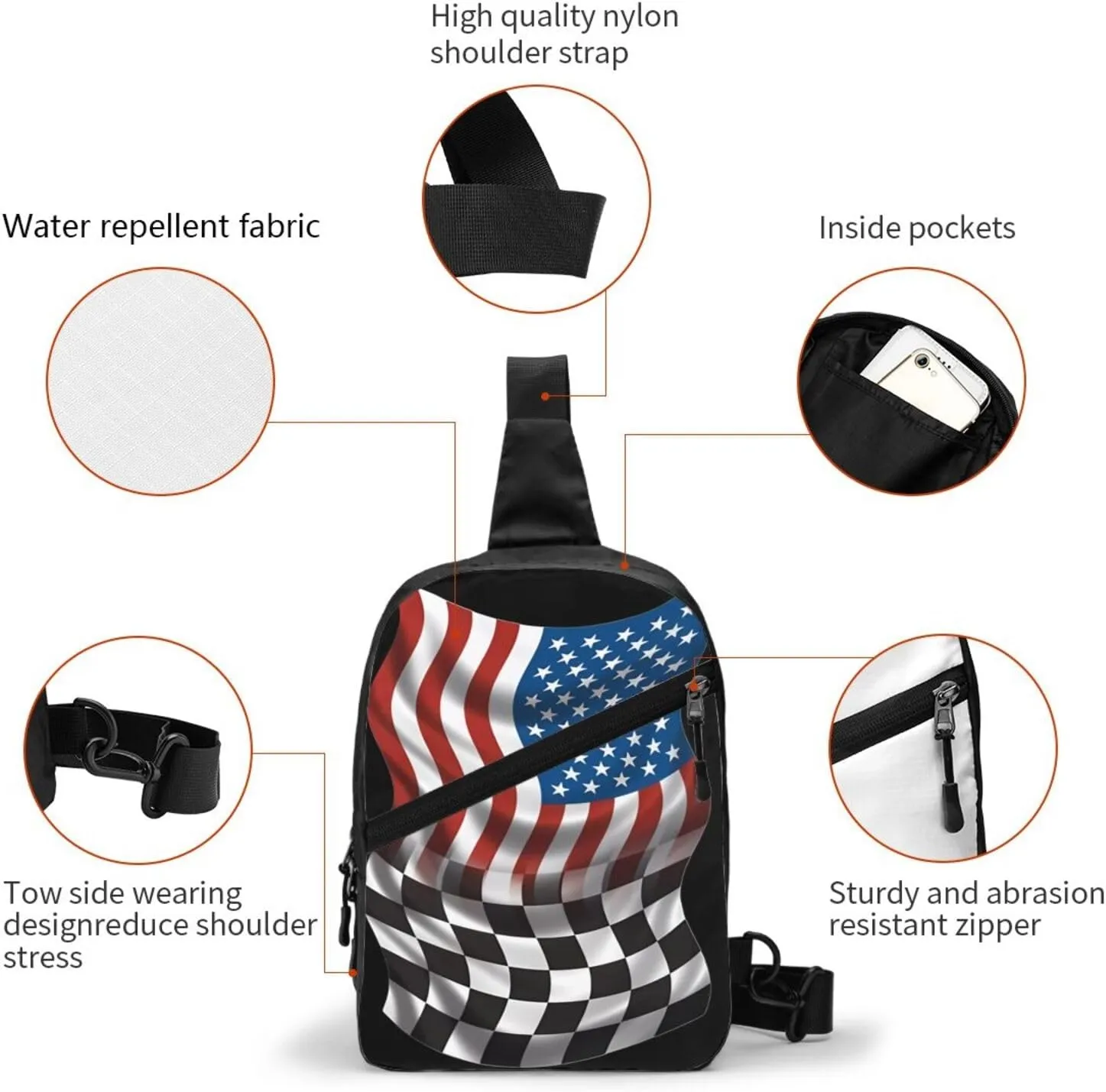 American Racing Checkered Flag Portable Sling Bags Packable Crossbody Bag Foldable Sport Daypack Reusable Shoulder Backpack Diagonally Chest Bag for Workout Travel
