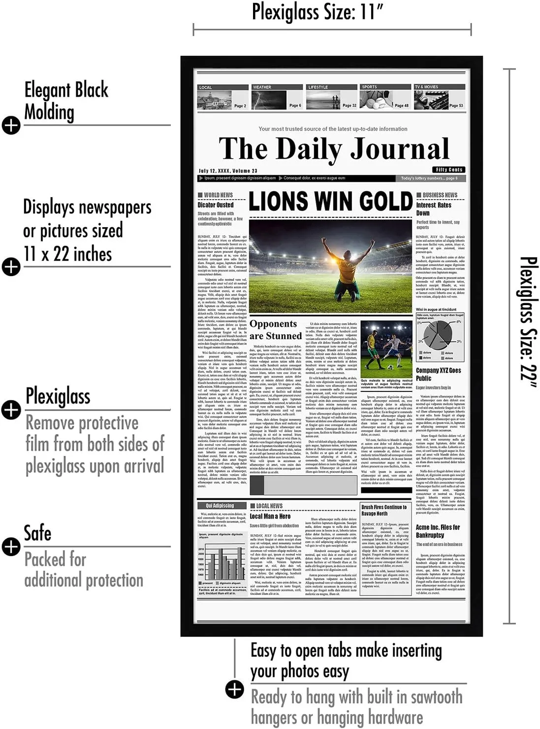 Americanflat 11x22 Newspaper Frame with Polished Plexiglass - Display for Assorted Media Articles - Signature Collection - Modern Picture Frame for Wall Display - Black
