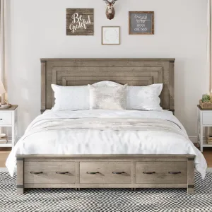 AMERLIFE Farmhouse King Size Bed Frame with 54" Tall Geometric Headboard & Footboard, Rustic Wood Platform Bed Frame with Large Storage Drawers, Wood Slats Support, No Box Spring Needed, Rustic Grey