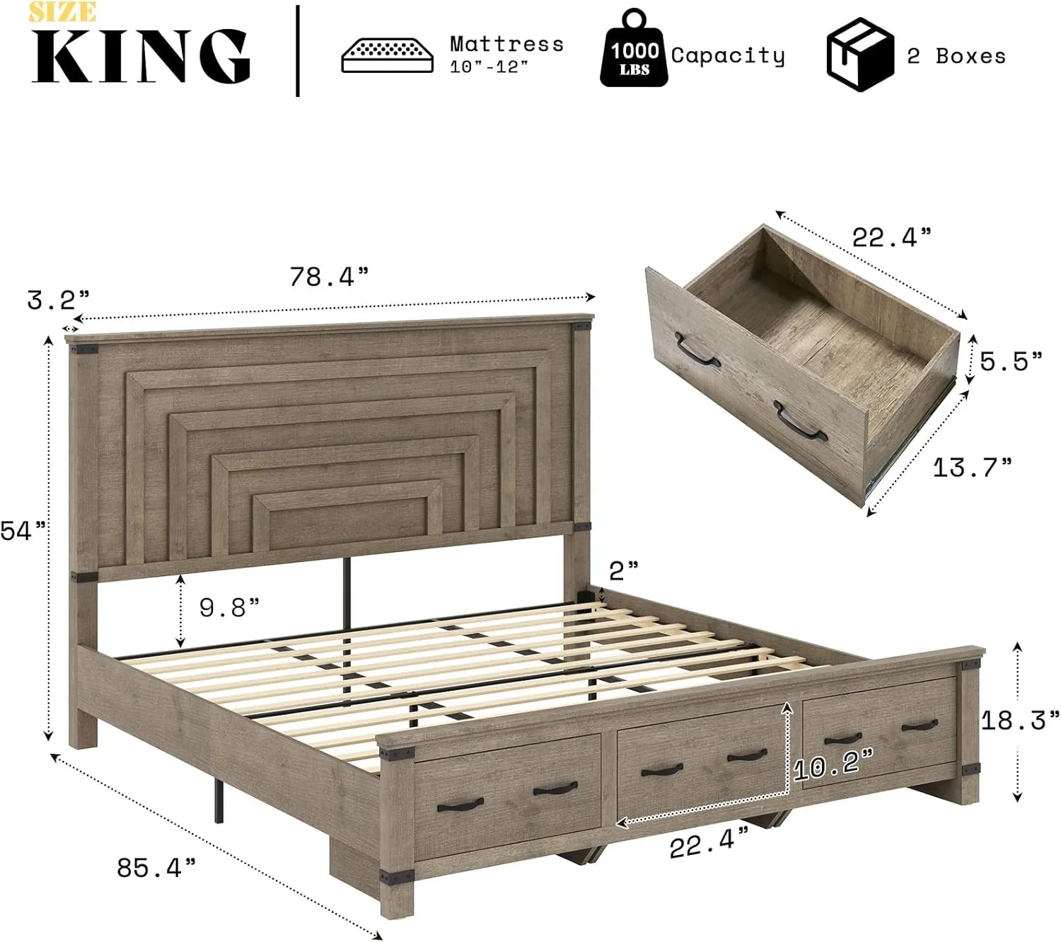 AMERLIFE Farmhouse King Size Bed Frame with 54" Tall Geometric Headboard & Footboard, Rustic Wood Platform Bed Frame with Large Storage Drawers, Wood Slats Support, No Box Spring Needed, Rustic Grey