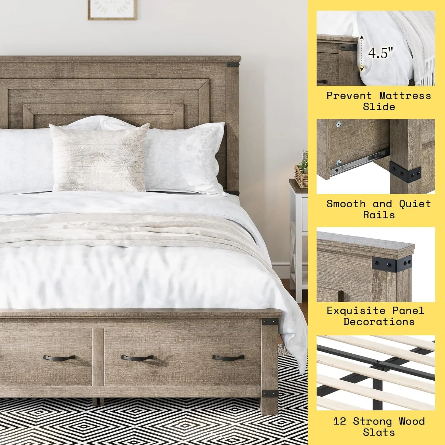 AMERLIFE Farmhouse King Size Bed Frame with 54" Tall Geometric Headboard & Footboard, Rustic Wood Platform Bed Frame with Large Storage Drawers, Wood Slats Support, No Box Spring Needed, Rustic Grey