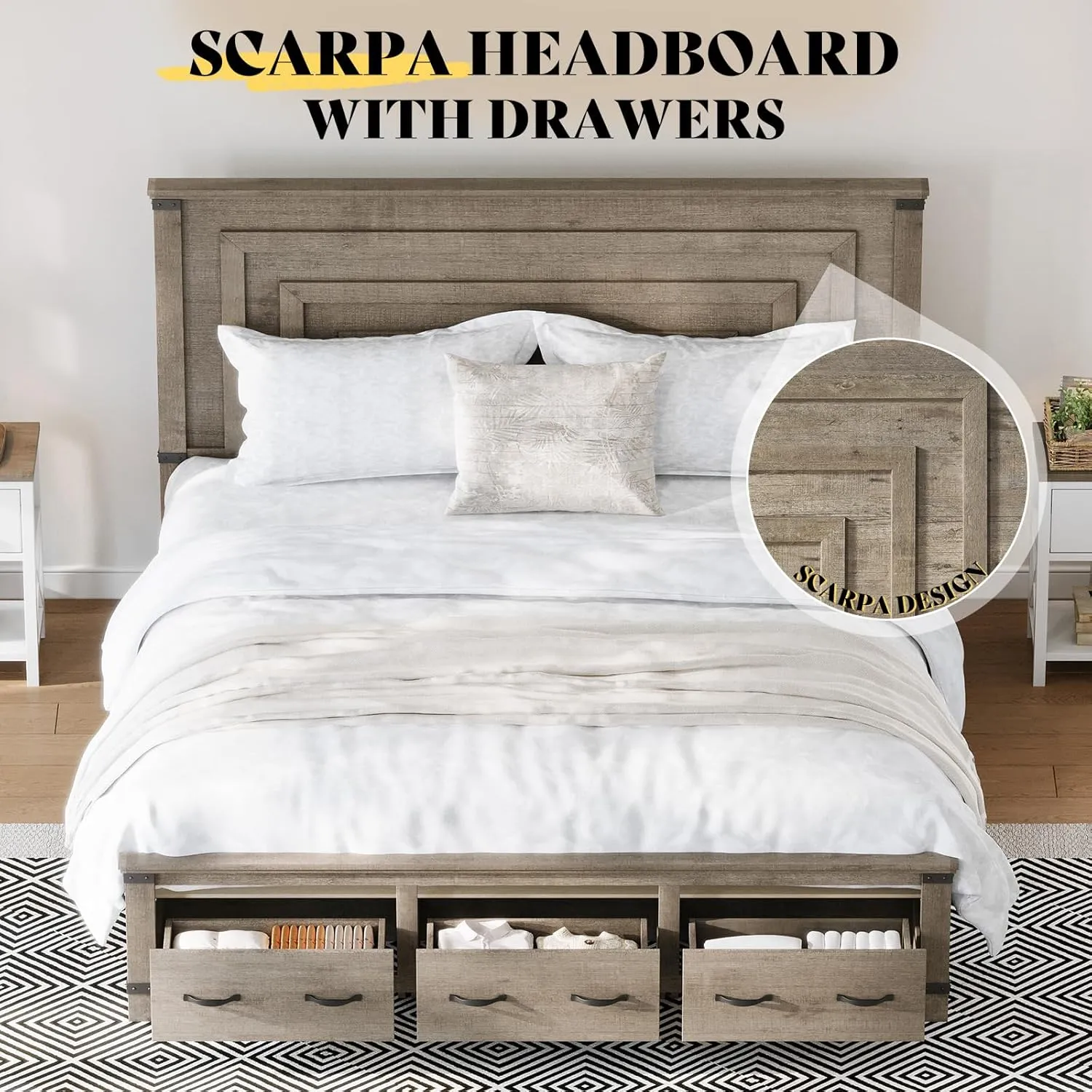 AMERLIFE Farmhouse King Size Bed Frame with 54" Tall Geometric Headboard & Footboard, Rustic Wood Platform Bed Frame with Large Storage Drawers, Wood Slats Support, No Box Spring Needed, Rustic Grey