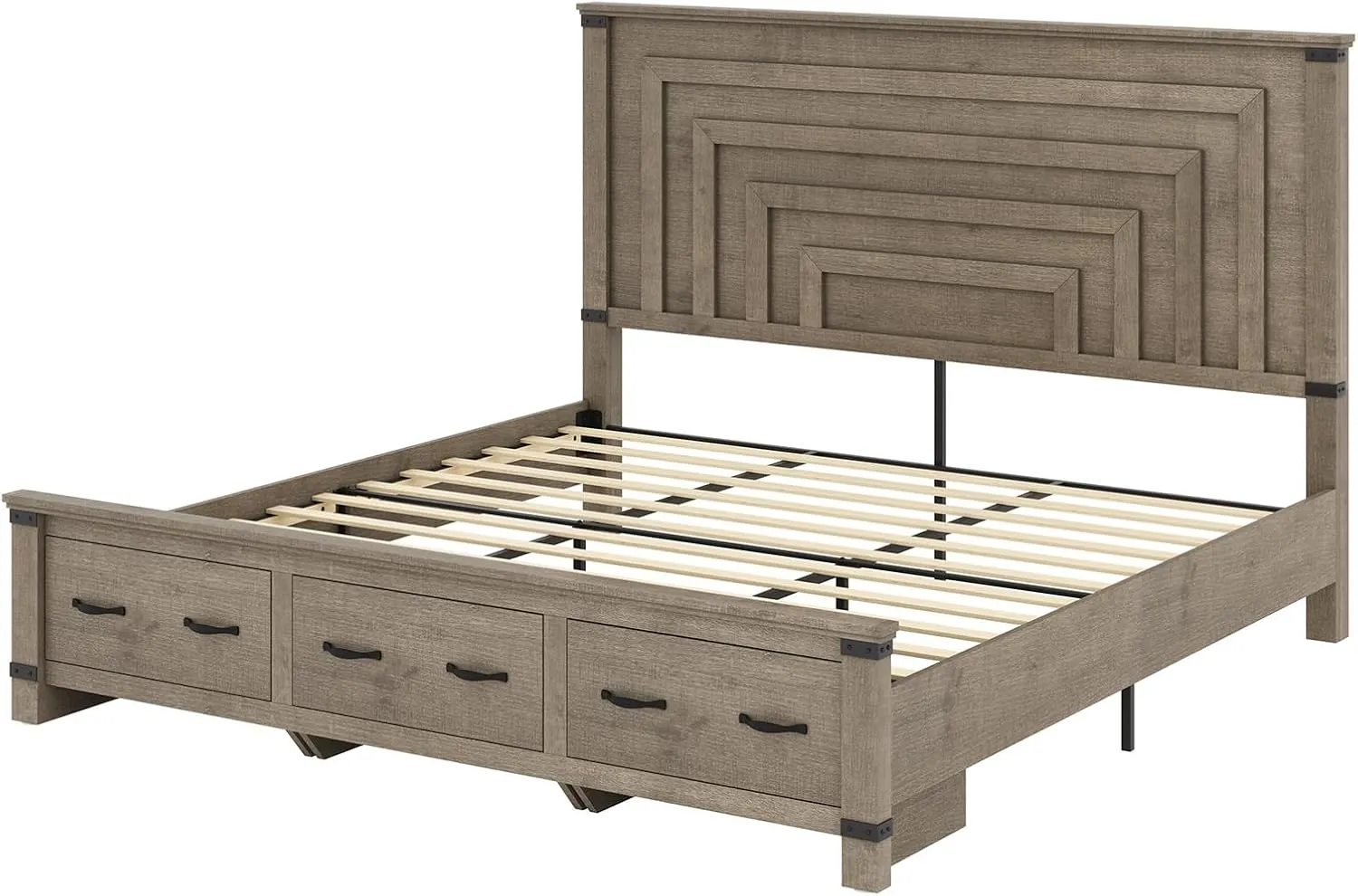AMERLIFE Farmhouse King Size Bed Frame with 54" Tall Geometric Headboard & Footboard, Rustic Wood Platform Bed Frame with Large Storage Drawers, Wood Slats Support, No Box Spring Needed, Rustic Grey