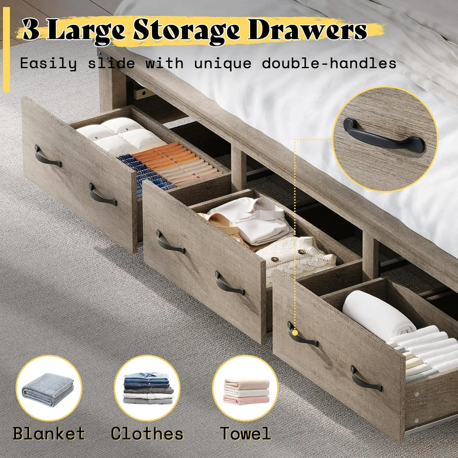 AMERLIFE Farmhouse King Size Bed Frame with 54" Tall Geometric Headboard & Footboard, Rustic Wood Platform Bed Frame with Large Storage Drawers, Wood Slats Support, No Box Spring Needed, Rustic Grey