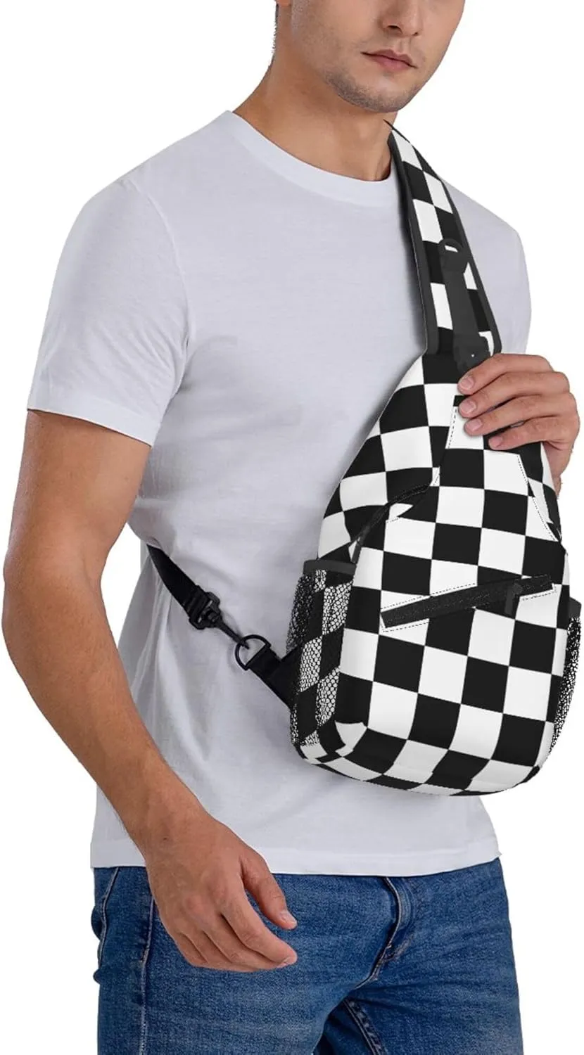AMRANDOM Sling Bags Men and Women Shoulder Backpack Small Crossbody Chest Bag (Race Checkerboard Checkered black and white)