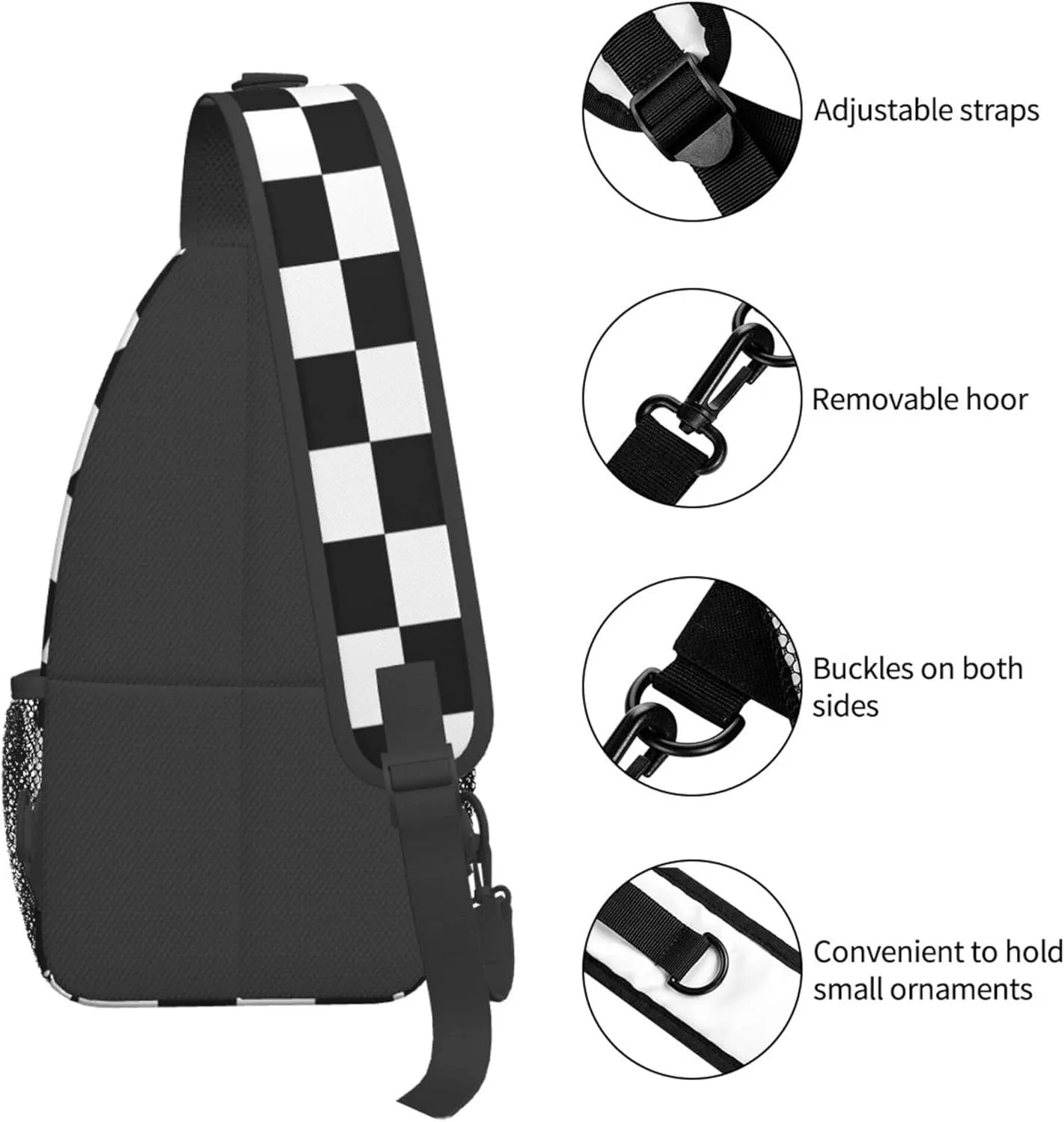 AMRANDOM Sling Bags Men and Women Shoulder Backpack Small Crossbody Chest Bag (Race Checkerboard Checkered black and white)