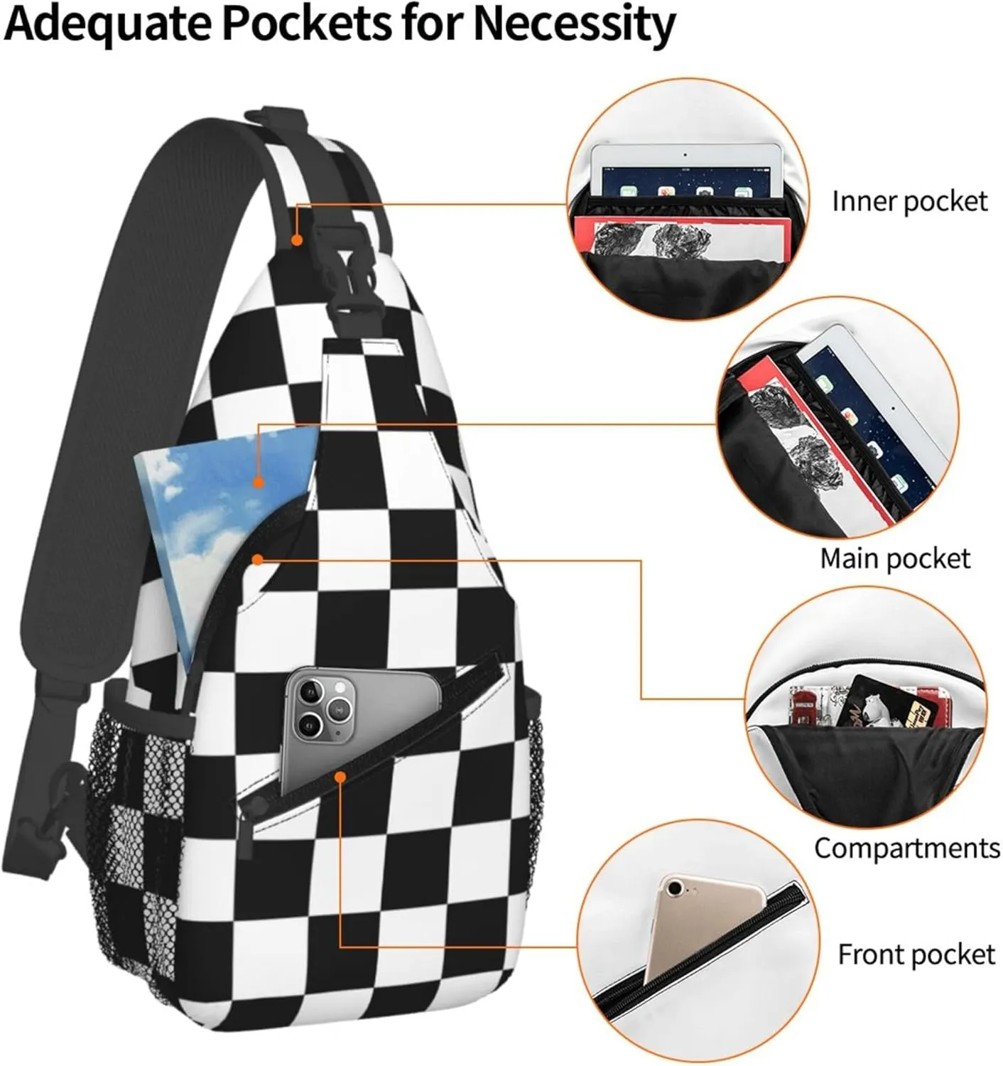 AMRANDOM Sling Bags Men and Women Shoulder Backpack Small Crossbody Chest Bag (Race Checkerboard Checkered black and white)
