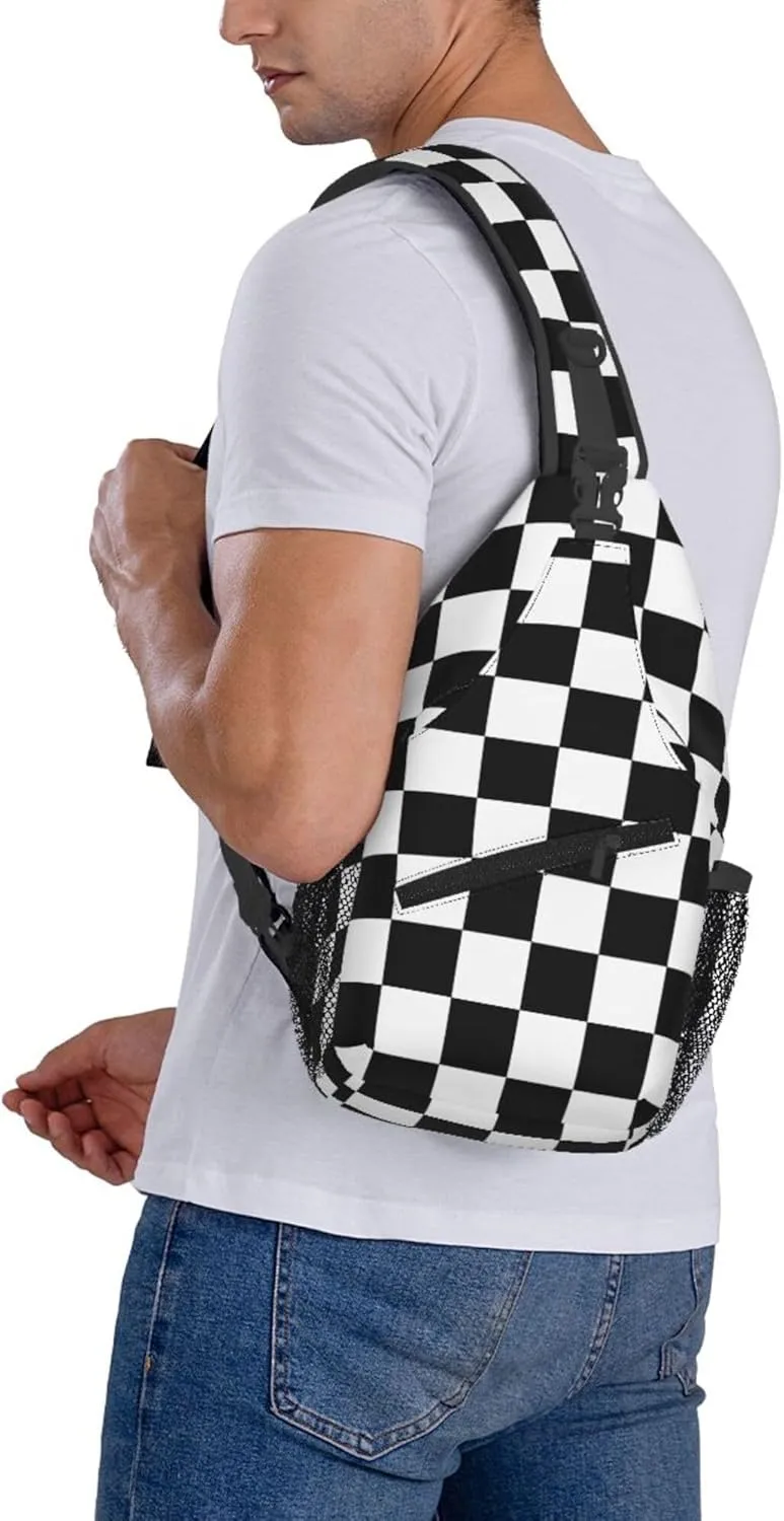 AMRANDOM Sling Bags Men and Women Shoulder Backpack Small Crossbody Chest Bag (Race Checkerboard Checkered black and white)