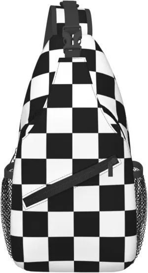 AMRANDOM Sling Bags Men and Women Shoulder Backpack Small Crossbody Chest Bag (Race Checkerboard Checkered black and white)