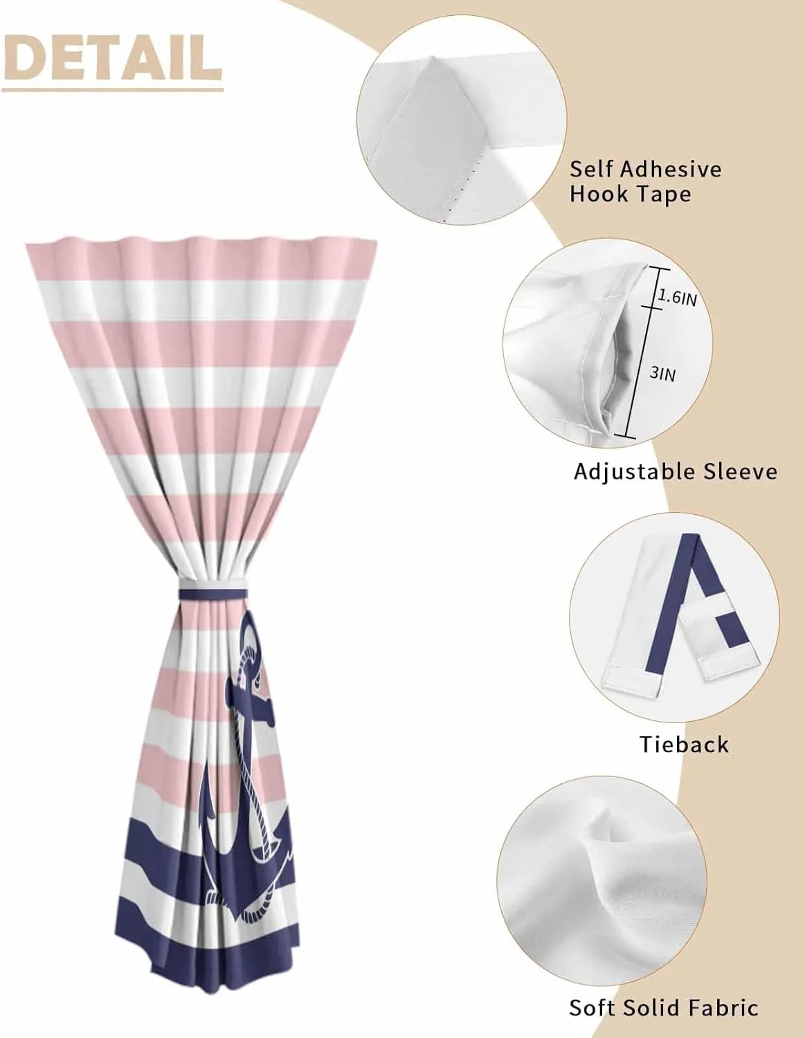 Anchor Pink Self Adhesive Blackout Curtains with Tiebacks,Portable Rod Pocket Living Room Darkening Curtains,Modern Navy Blue White Striped Nautical Thermal Insulated Windows Cover,35Wx63H