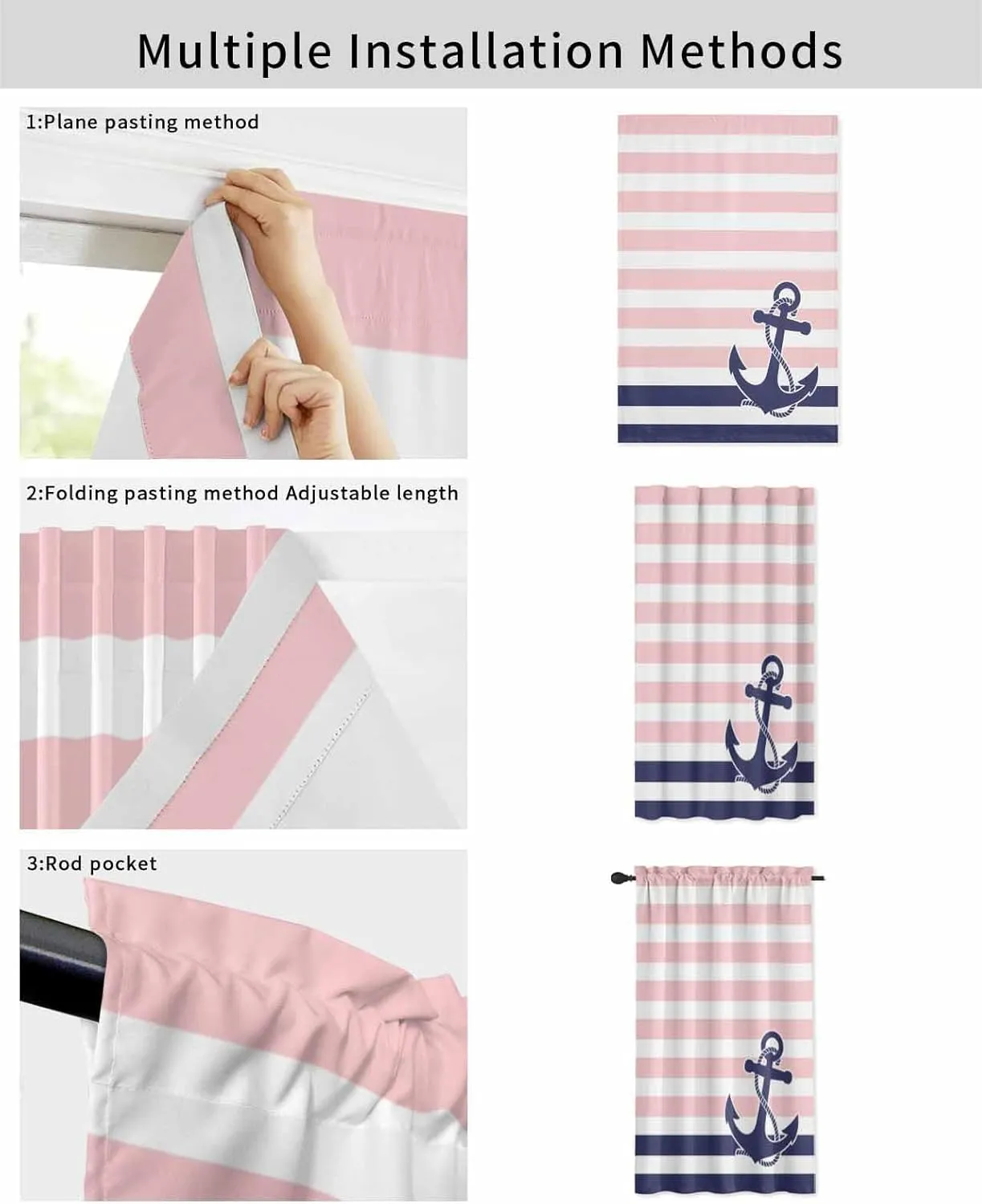 Anchor Pink Self Adhesive Blackout Curtains with Tiebacks,Portable Rod Pocket Living Room Darkening Curtains,Modern Navy Blue White Striped Nautical Thermal Insulated Windows Cover,35Wx63H
