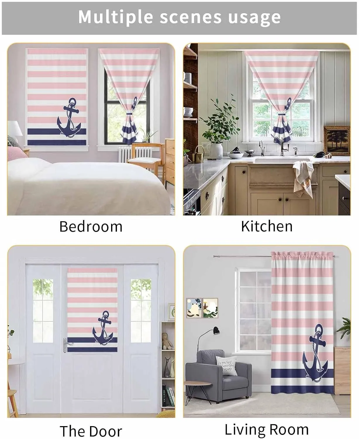 Anchor Pink Self Adhesive Blackout Curtains with Tiebacks,Portable Rod Pocket Living Room Darkening Curtains,Modern Navy Blue White Striped Nautical Thermal Insulated Windows Cover,35Wx63H