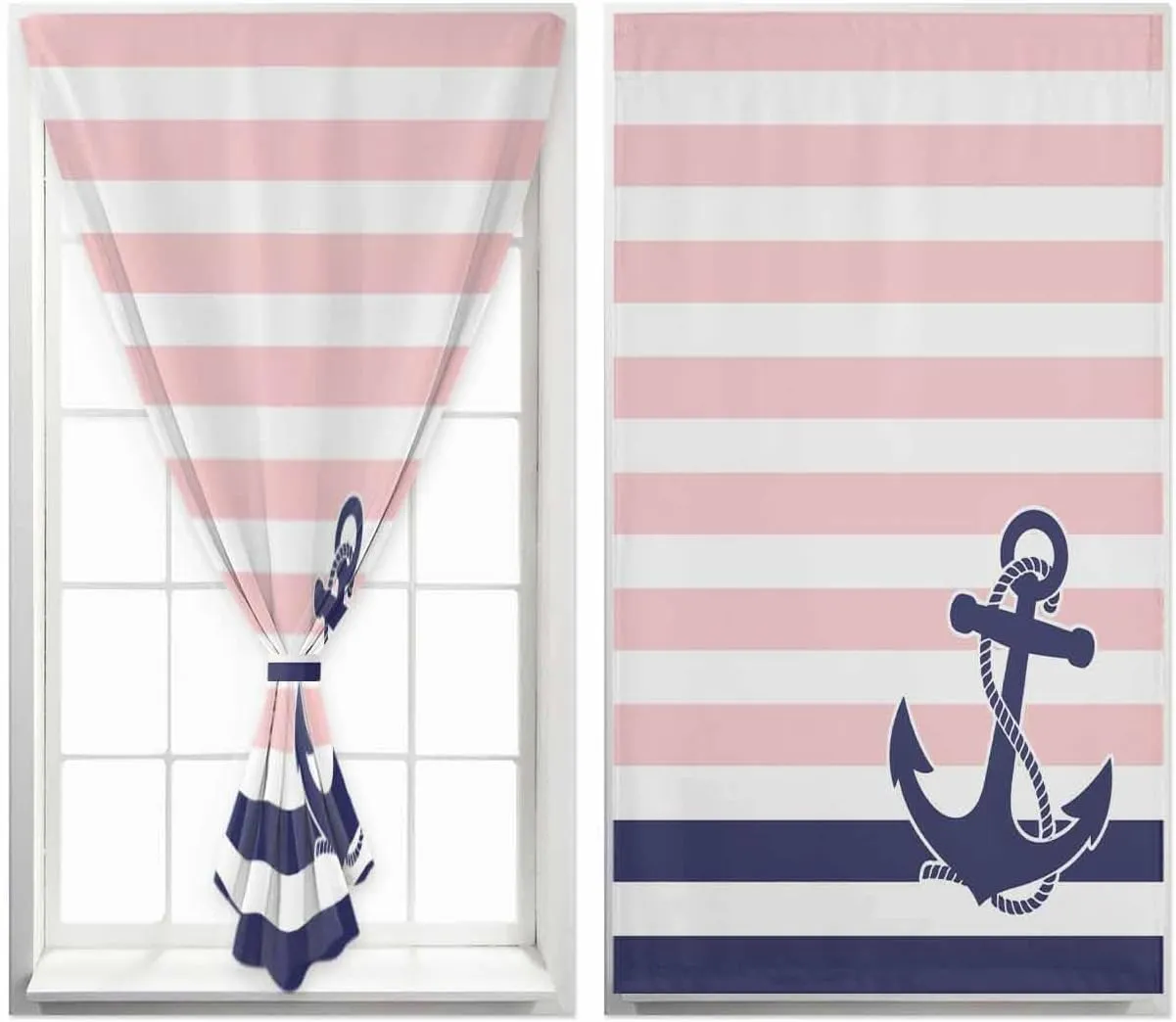 Anchor Pink Self Adhesive Blackout Curtains with Tiebacks,Portable Rod Pocket Living Room Darkening Curtains,Modern Navy Blue White Striped Nautical Thermal Insulated Windows Cover,35Wx63H