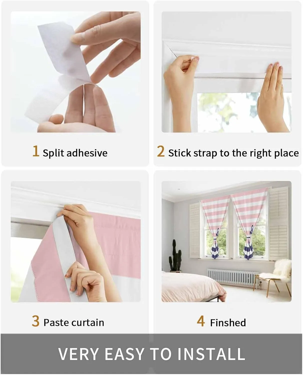 Anchor Pink Self Adhesive Blackout Curtains with Tiebacks,Portable Rod Pocket Living Room Darkening Curtains,Modern Navy Blue White Striped Nautical Thermal Insulated Windows Cover,35Wx63H