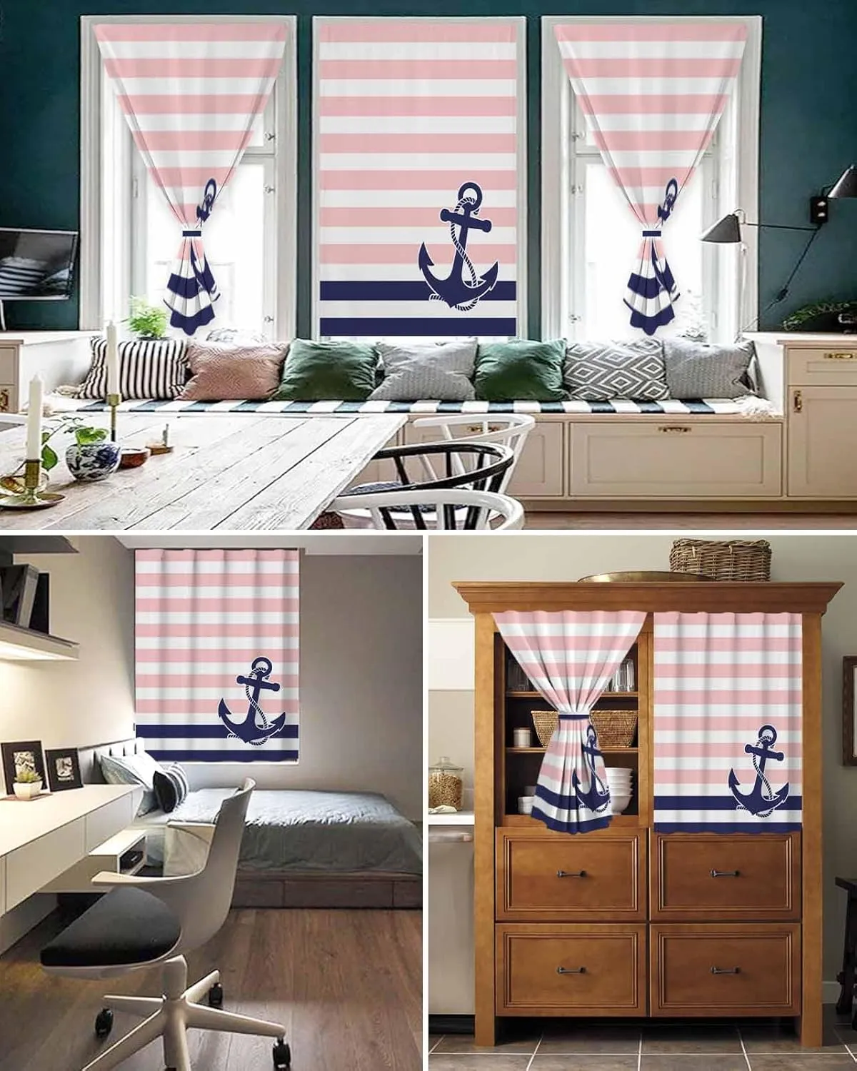 Anchor Pink Self Adhesive Blackout Curtains with Tiebacks,Portable Rod Pocket Living Room Darkening Curtains,Modern Navy Blue White Striped Nautical Thermal Insulated Windows Cover,35Wx63H