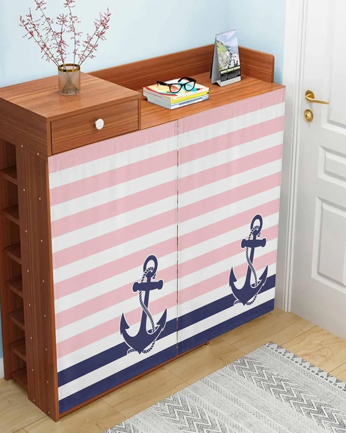 Anchor Pink Self Adhesive Blackout Curtains with Tiebacks,Portable Rod Pocket Living Room Darkening Curtains,Modern Navy Blue White Striped Nautical Thermal Insulated Windows Cover,35Wx63H