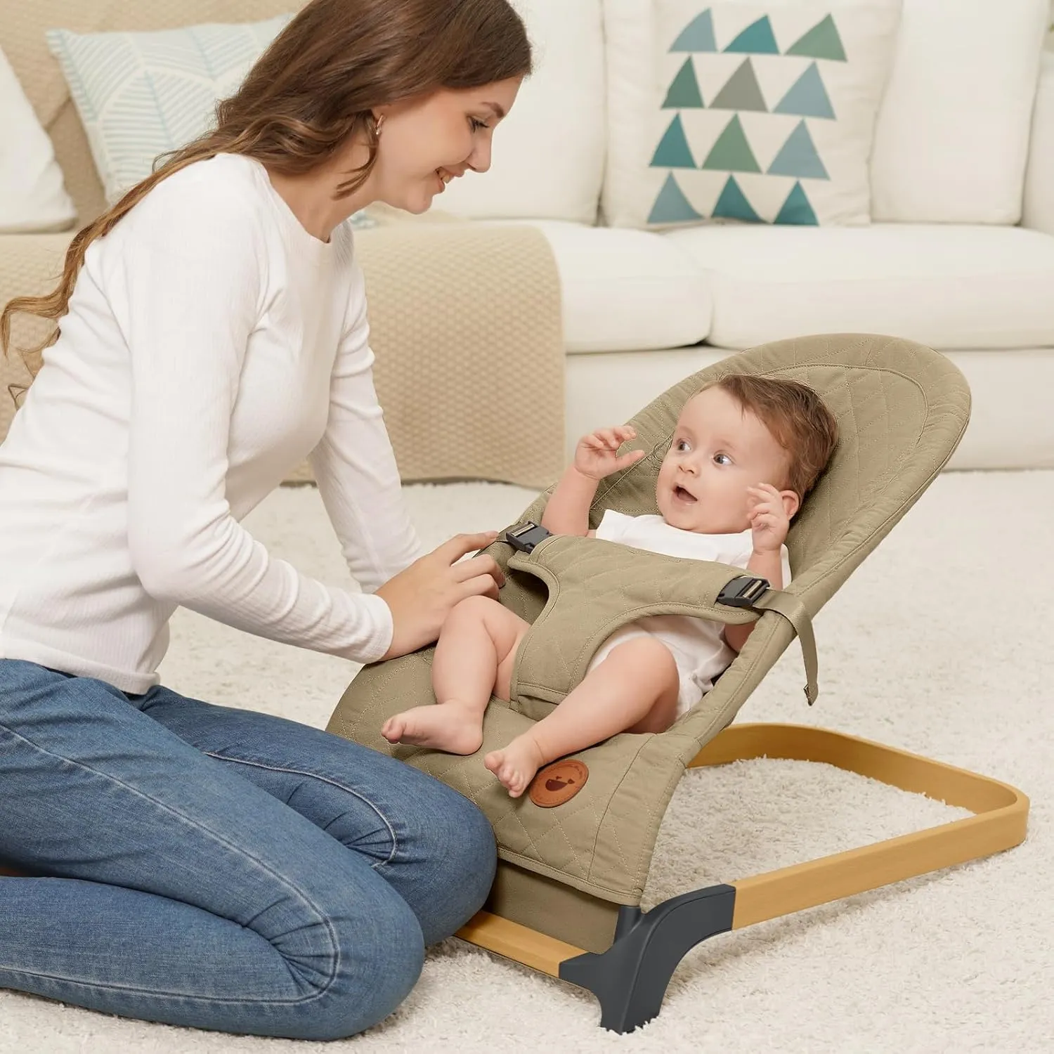 ANGELBLISS Baby Bouncer, Portable Bouncer Seat for Babies, Infants Bouncy Seat with Cotton Fabric, Natural Vibrations (Brown)