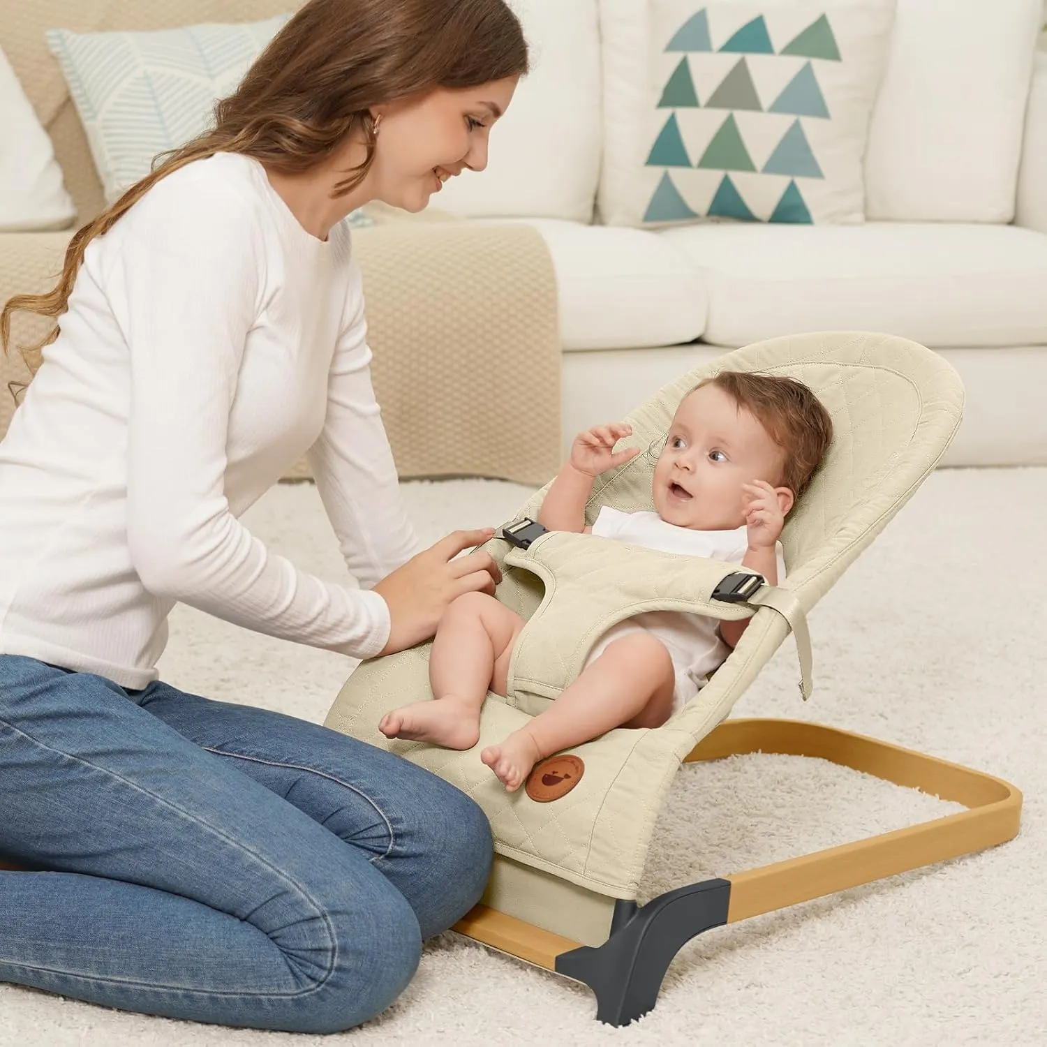 ANGELBLISS Baby Bouncer, Portable Bouncer Seat for Babies, Infants Bouncy Seat with Fabric, Natural Vibrations (Apricot)