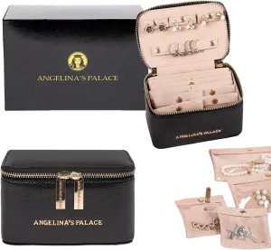 Angelina's Palace Snakeskin Pattern Jewelry Organizer Case Bridesmaid Gifts Travel Bag Vegan Leather Box for Necklace Earring Bracelet Ring(Black)