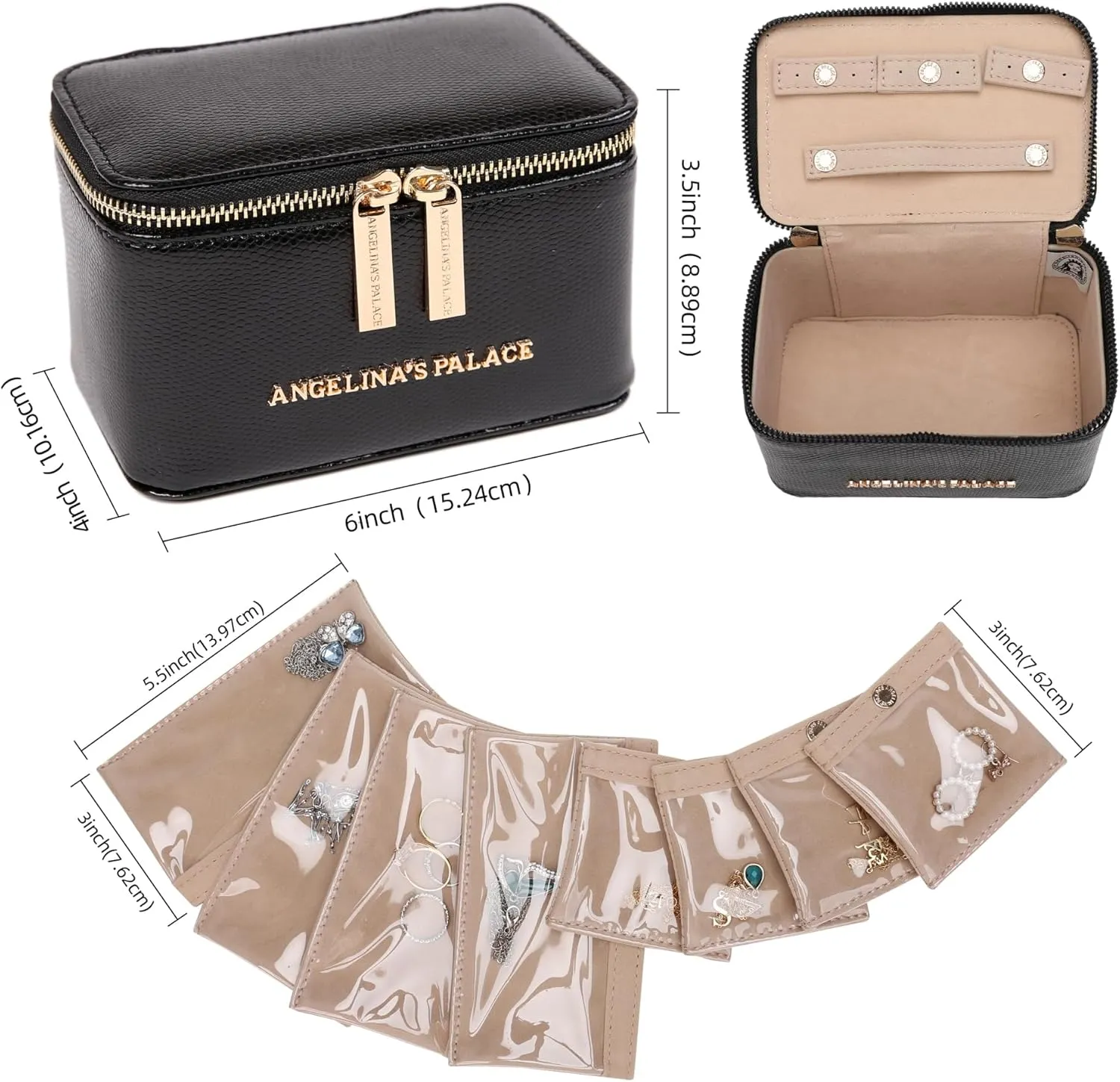 Angelina's Palace Snakeskin Pattern Jewelry Organizer Case Bridesmaid Gifts Travel Bag Vegan Leather Box for Necklace Earring Bracelet Ring(Black)