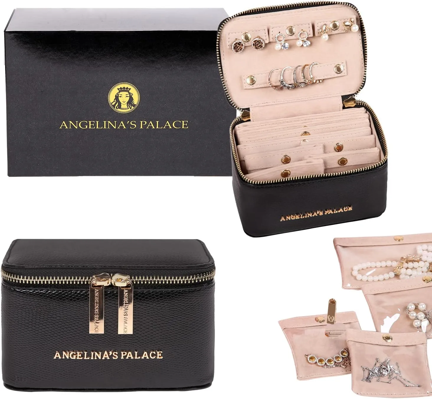 Angelina's Palace Snakeskin Pattern Jewelry Organizer Case Bridesmaid Gifts Travel Bag Vegan Leather Box for Necklace Earring Bracelet Ring(Black)