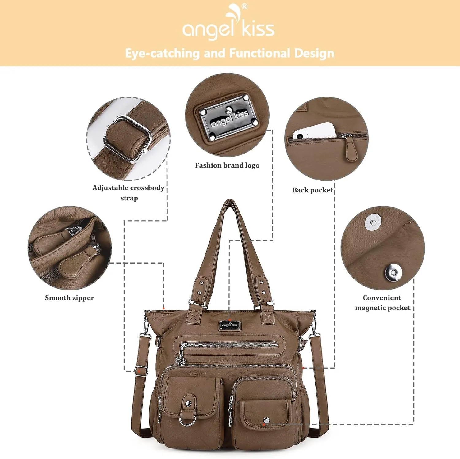 Angelkiss Purses Handbags for Women PU Tote Satchel Bags for Women Pockets Shoulder Bags…