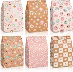 AnyDesign 24Pcs Vintage Boho Party Favor Bags 6 Designs Smile Daisy Paper Gift Bags with Sticker Decals Retro Checkered Goodie Treat Bags for Baby Shower Birthday Party Supplies Gift Wrap