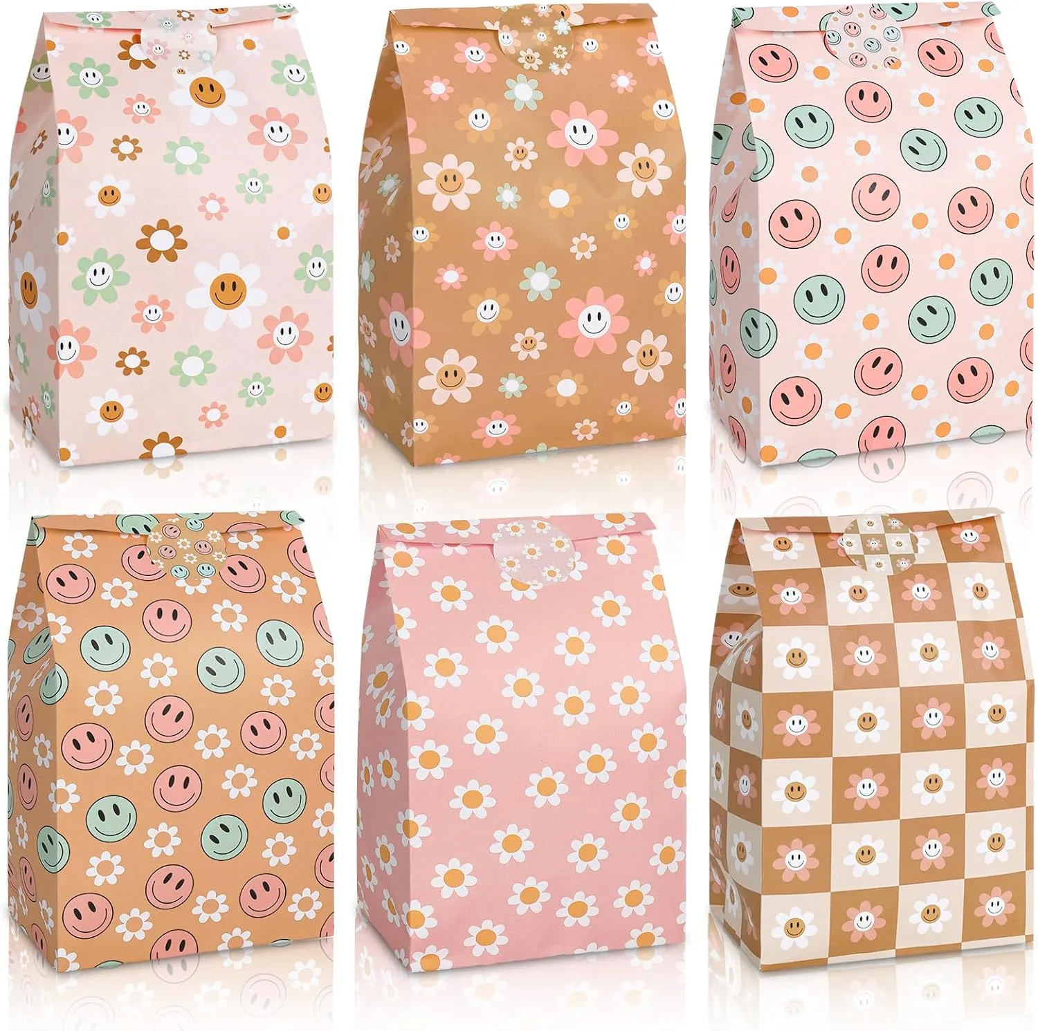 AnyDesign 24Pcs Vintage Boho Party Favor Bags 6 Designs Smile Daisy Paper Gift Bags with Sticker Decals Retro Checkered Goodie Treat Bags for Baby Shower Birthday Party Supplies Gift Wrap