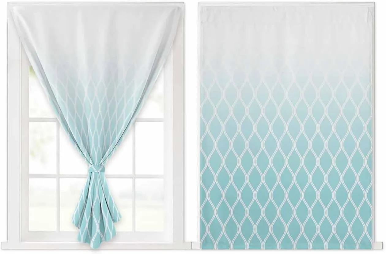 Aqua Ombre Stripe Self Adhesive Blackout Curtains with Tiebacks,Portable Rod Pocket Living Room Darkening Curtains,Modern Abstract Art Gradient Striped Thermal Insulated Windows Cover,47Wx63H