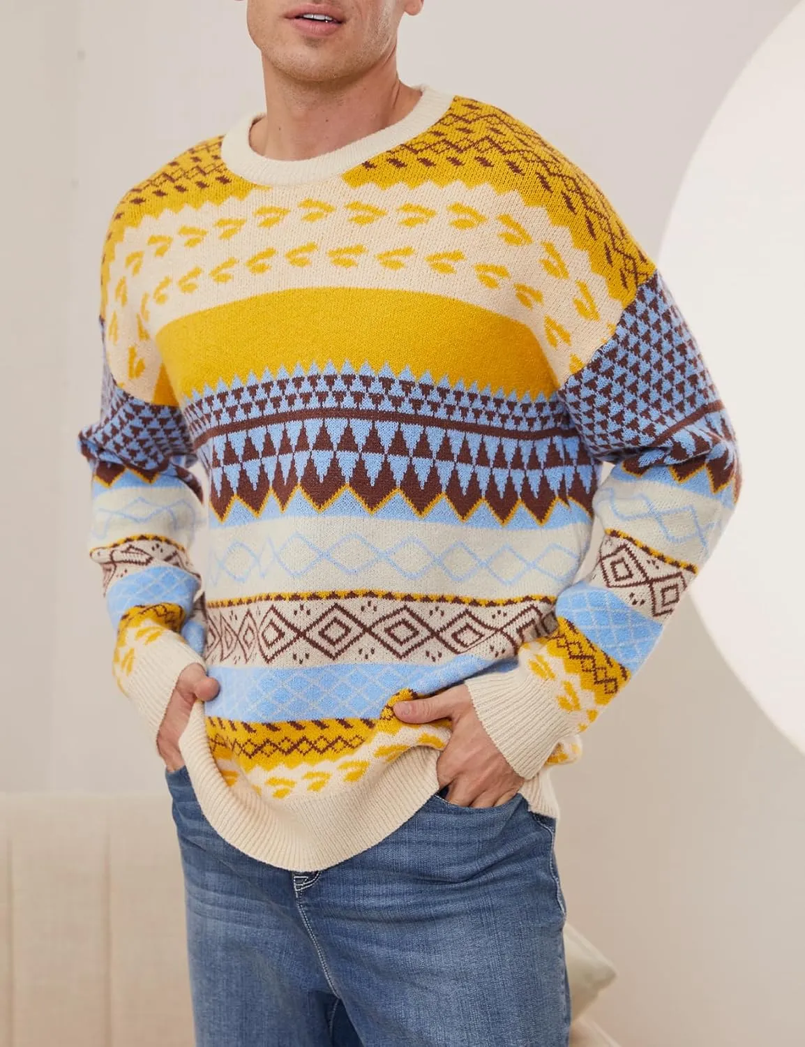 Arssm Mens Vintage Sweater Grandpa Oversized Cable Knit Crewneck Pullovers Casual Long Sleeve Striped Sweater