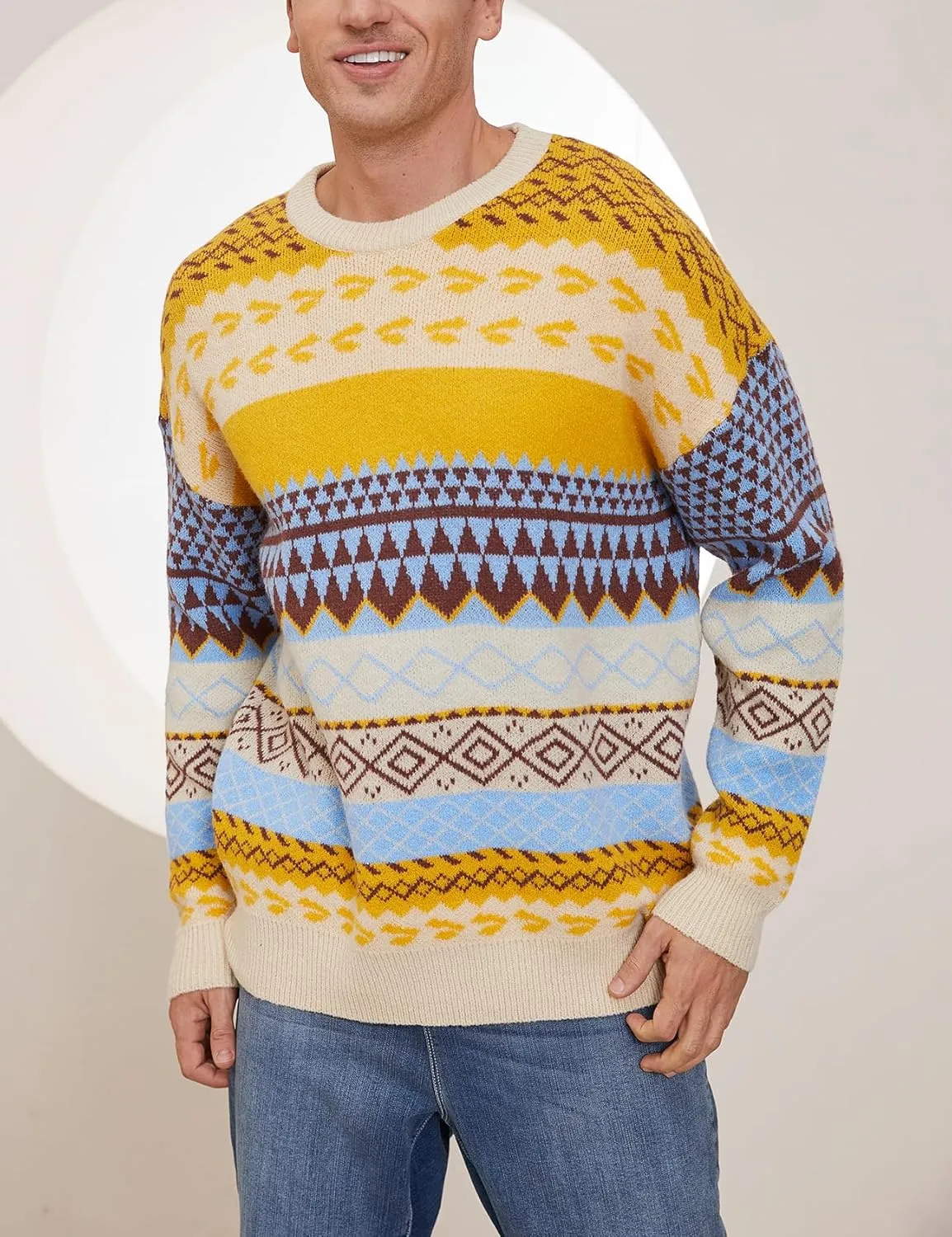 Arssm Mens Vintage Sweater Grandpa Oversized Cable Knit Crewneck Pullovers Casual Long Sleeve Striped Sweater