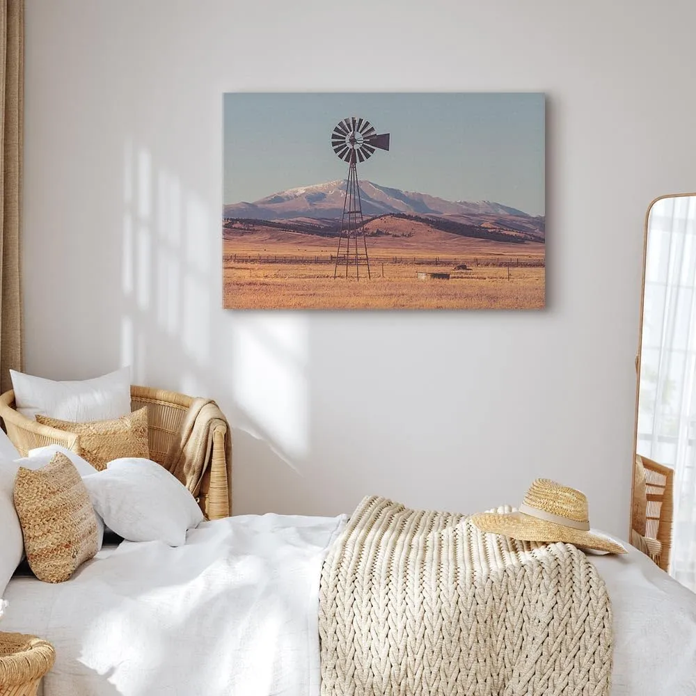 artgeist canvas wall art print Ranch Windmill 24x16 in - 1pcs desert pisture mountains ranch landscape photo rural painting farmhouse windmill water pump wind country brown beige c-B-10237-b-a