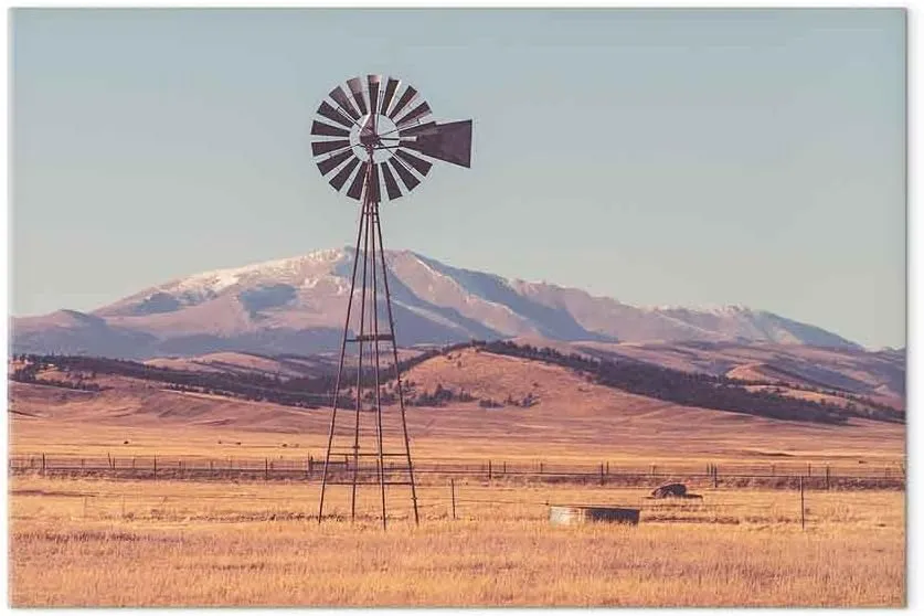 artgeist canvas wall art print Ranch Windmill 24x16 in - 1pcs desert pisture mountains ranch landscape photo rural painting farmhouse windmill water pump wind country brown beige c-B-10237-b-a