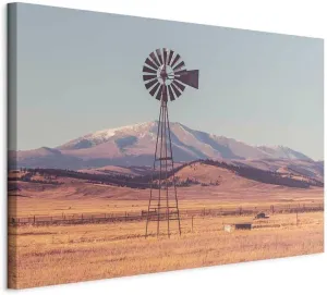 artgeist canvas wall art print Ranch Windmill 24x16 in - 1pcs desert pisture mountains ranch landscape photo rural painting farmhouse windmill water pump wind country brown beige c-B-10237-b-a