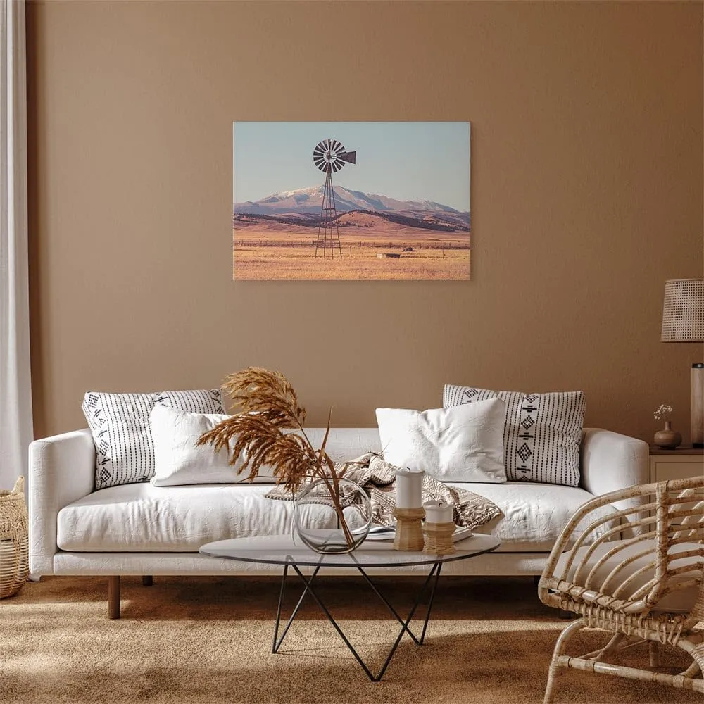 artgeist canvas wall art print Ranch Windmill 24x16 in - 1pcs desert pisture mountains ranch landscape photo rural painting farmhouse windmill water pump wind country brown beige c-B-10237-b-a
