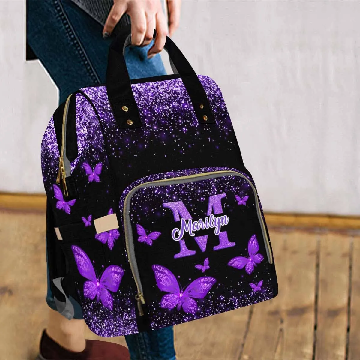 Artsadd Custom Made Diaper Bags for Men Women, Customized Purple Glitter Butterfly Diaper Bag Fashion Tote Bags Personalized Mommy Nursing Daycare Bags