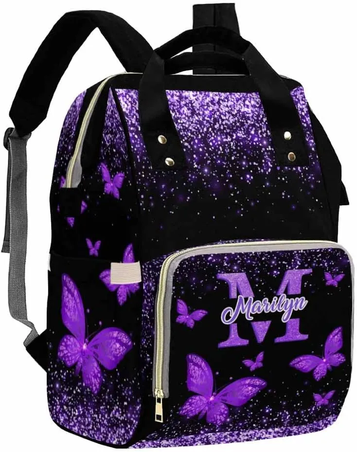 Artsadd Custom Made Diaper Bags for Men Women, Customized Purple Glitter Butterfly Diaper Bag Fashion Tote Bags Personalized Mommy Nursing Daycare Bags
