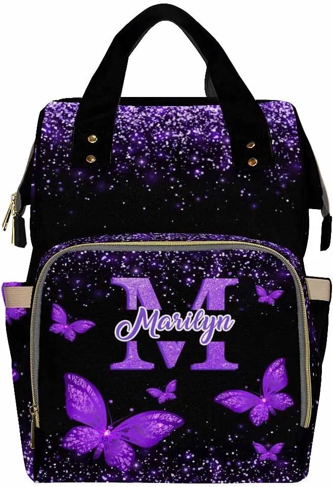 Artsadd Custom Made Diaper Bags for Men Women, Customized Purple Glitter Butterfly Diaper Bag Fashion Tote Bags Personalized Mommy Nursing Daycare Bags