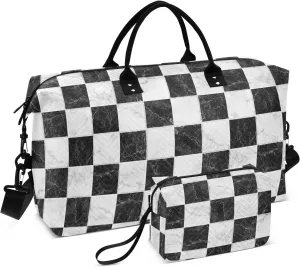 Aslsiy Travel Duffel Bags for Women Ceramic Tiles Design Sport Duffel Bag Black White Plaid Weekender Bag Gym Bag with Toiletry Bag Carry on Overnight Bag