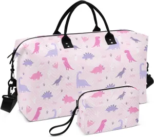 Aslsiy Travel Duffel Bags for Women Cute Pastel Dinosaurs Sports Duffel Bag Cacti Grass Pink Weekender Bags Gym Bag with Toiletry Bag Carry on Overnight Bag