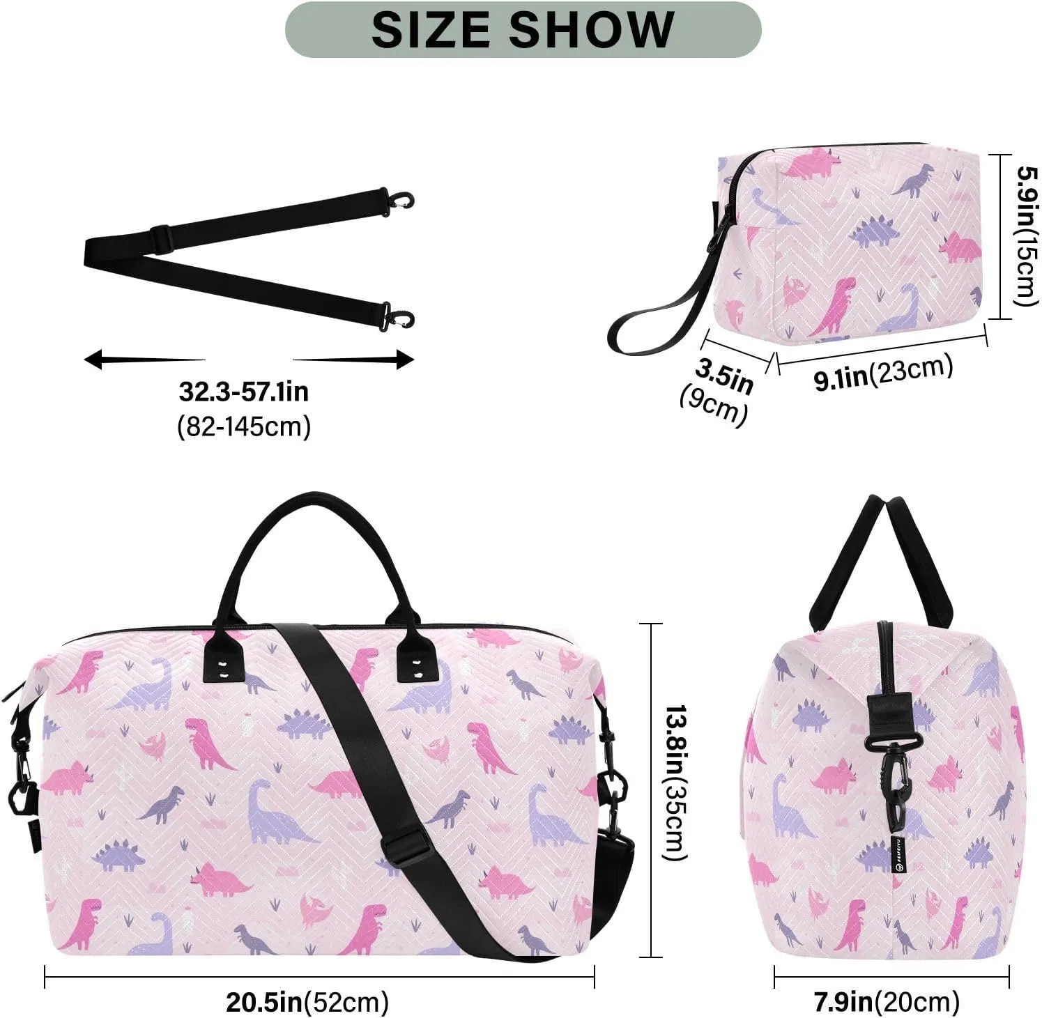 Aslsiy Travel Duffel Bags for Women Cute Pastel Dinosaurs Sports Duffel Bag Cacti Grass Pink Weekender Bags Gym Bag with Toiletry Bag Carry on Overnight Bag