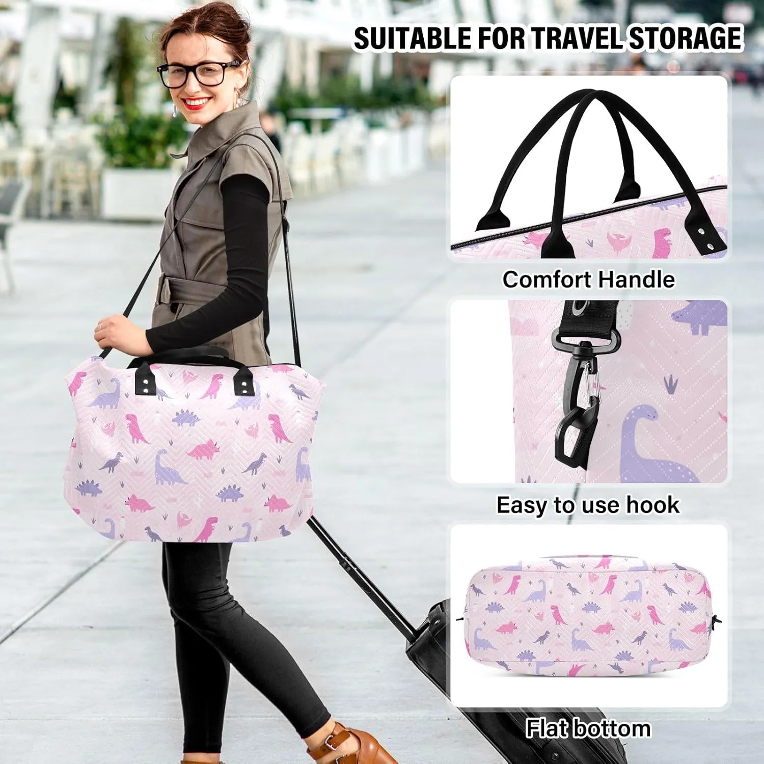 Aslsiy Travel Duffel Bags for Women Cute Pastel Dinosaurs Sports Duffel Bag Cacti Grass Pink Weekender Bags Gym Bag with Toiletry Bag Carry on Overnight Bag