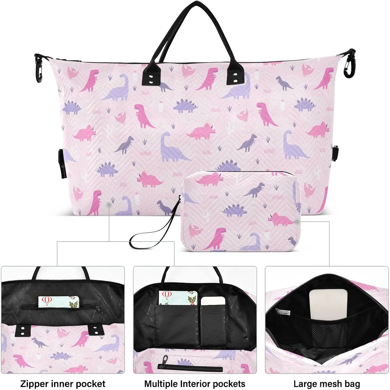 Aslsiy Travel Duffel Bags for Women Cute Pastel Dinosaurs Sports Duffel Bag Cacti Grass Pink Weekender Bags Gym Bag with Toiletry Bag Carry on Overnight Bag