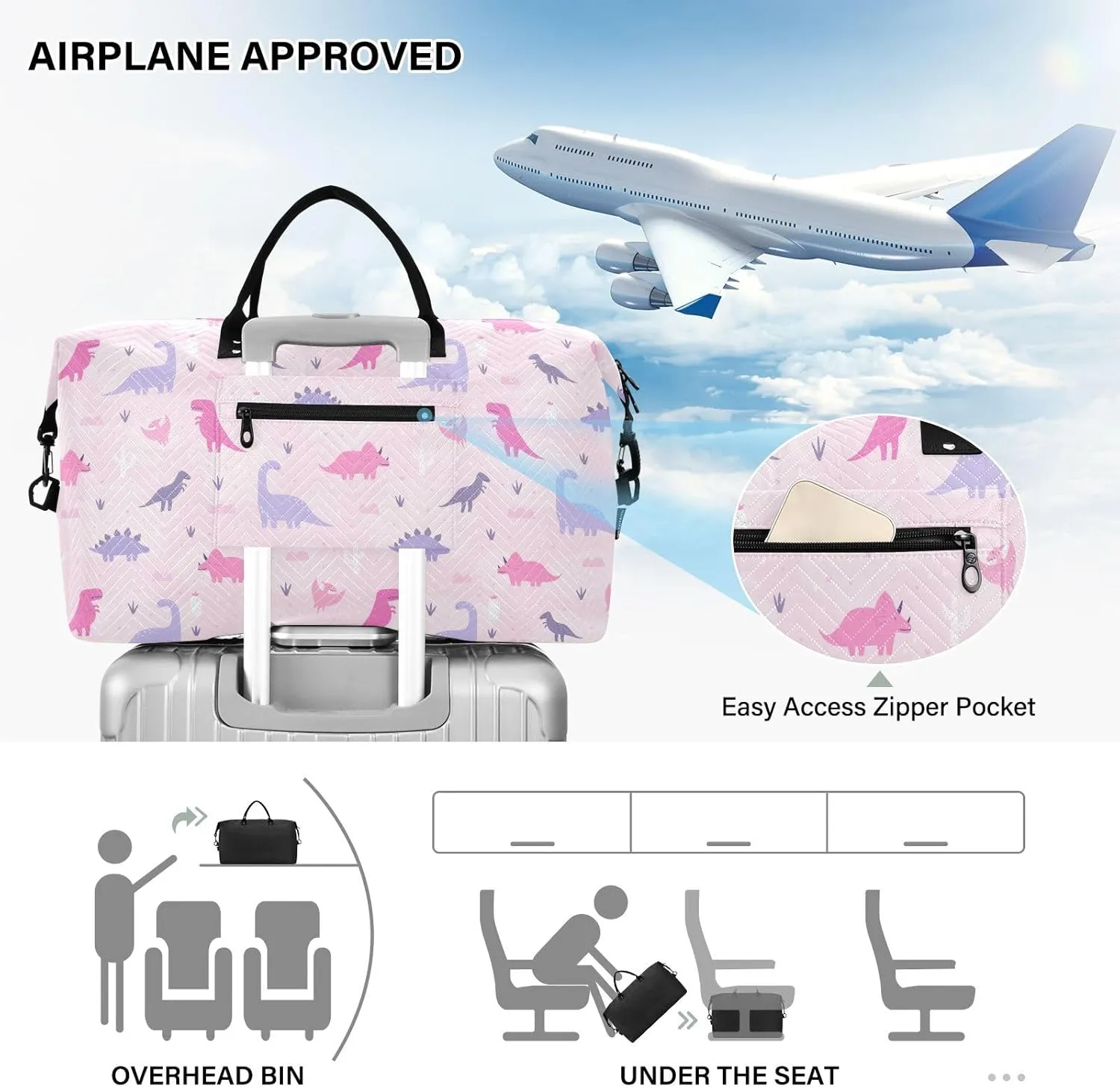 Aslsiy Travel Duffel Bags for Women Cute Pastel Dinosaurs Sports Duffel Bag Cacti Grass Pink Weekender Bags Gym Bag with Toiletry Bag Carry on Overnight Bag