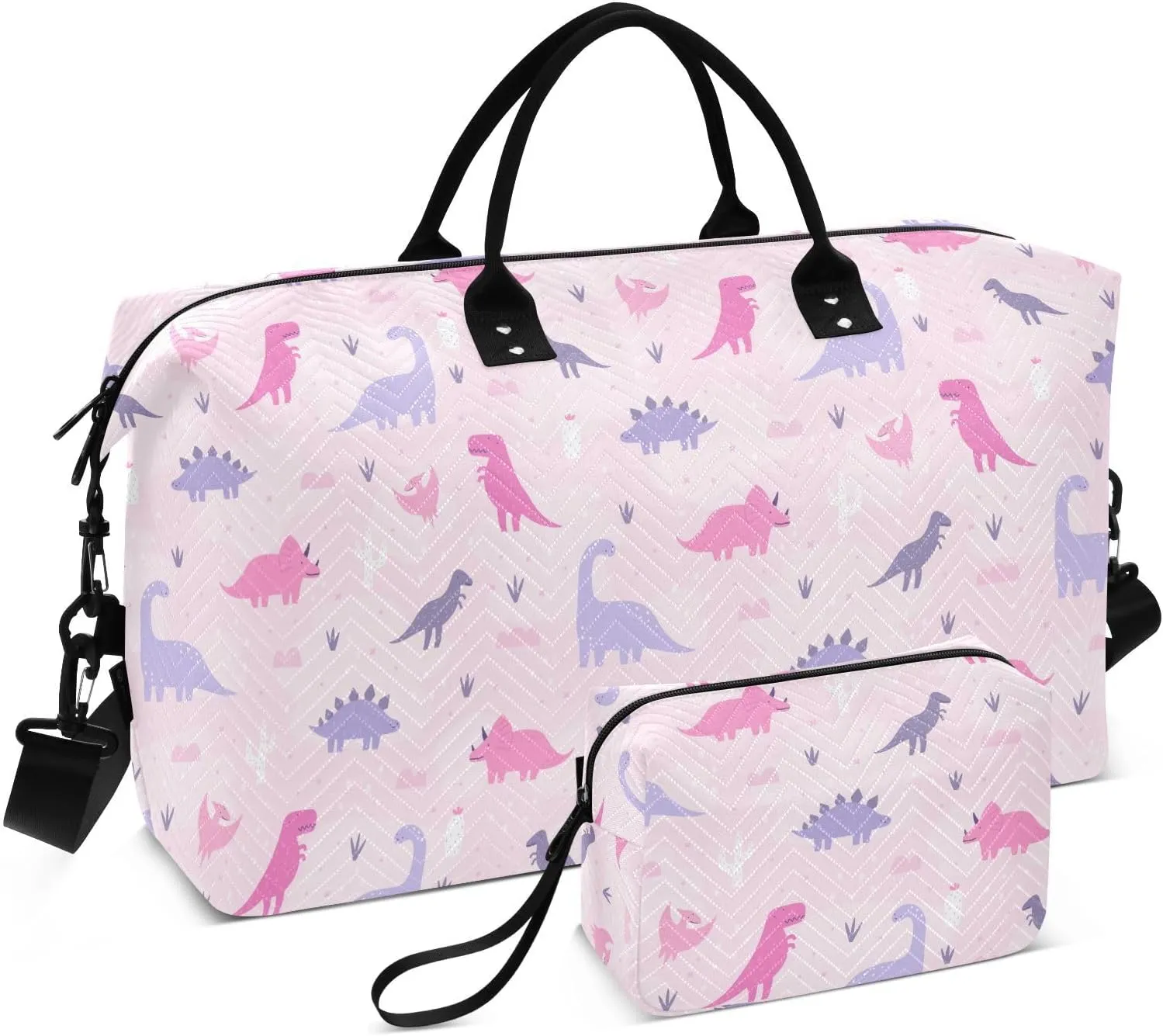 Aslsiy Travel Duffel Bags for Women Cute Pastel Dinosaurs Sports Duffel Bag Cacti Grass Pink Weekender Bags Gym Bag with Toiletry Bag Carry on Overnight Bag