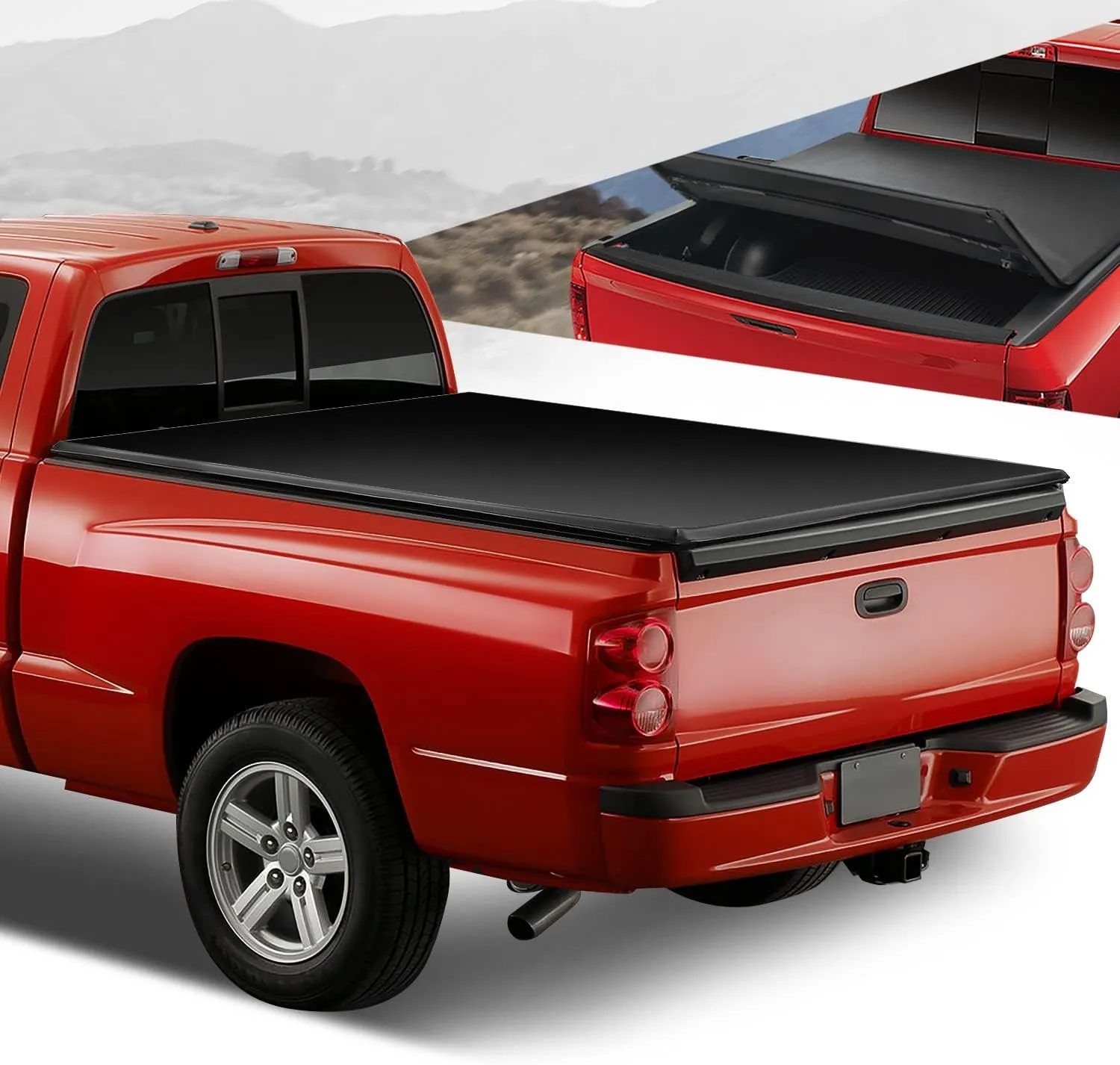 Auto Dynasty Soft Tri-Fold Truck Bed Tonneau Cover Compatible with 2005-2011 Mitsubishi Raider Dodge/Ram Dakota 5.25Ft Fleetside/Styleside Bed, Matte Black Soft Vinyl Top
